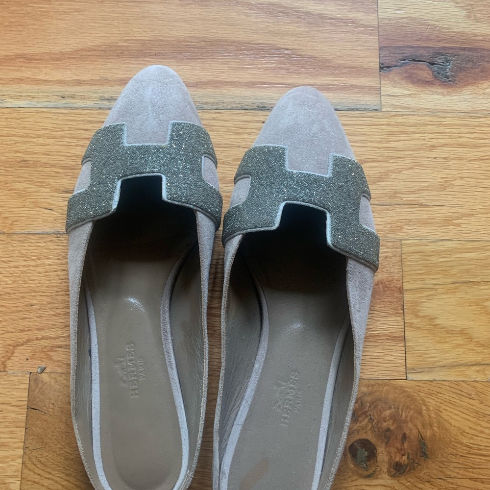 Hermes Taupe and Glitter Loafers